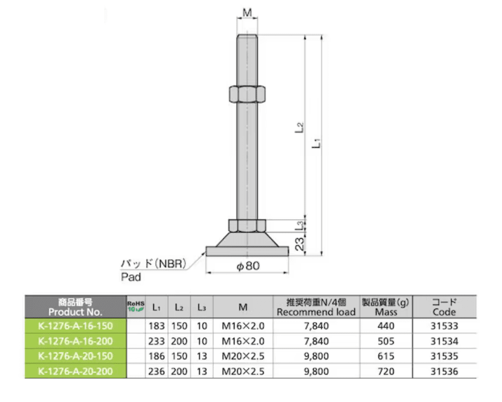takigen K-1276-A - Chân đế inox điều chỉnh độ cao